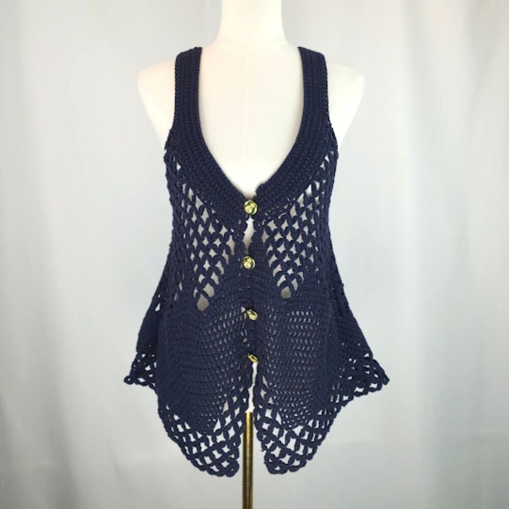 Free People Women's Navy Boho Crochet Knit Cardigan Vest Size XS